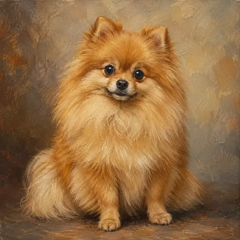 Pomeranian portrait · Oil on canvas · 40 × 40 cm
