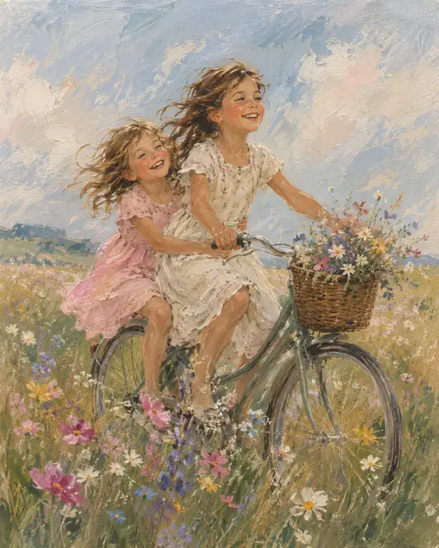 Sisters on a bicycle · Oil on canvas · 50 × 70 cm